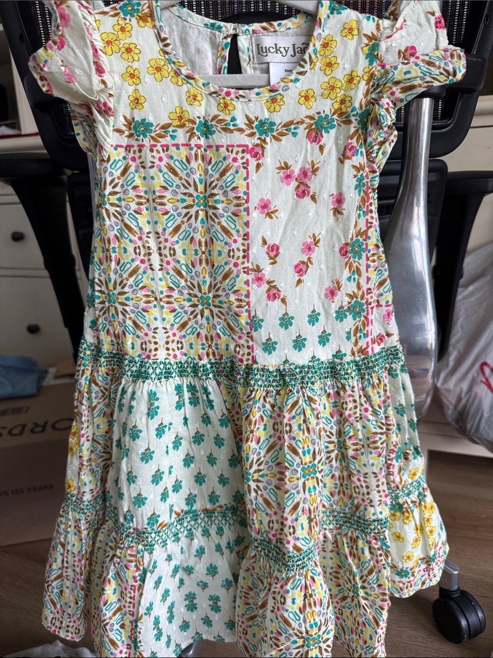 Lucky Jade Cream Floral Patchwork Tiered Dress with Teal & Pink Accents